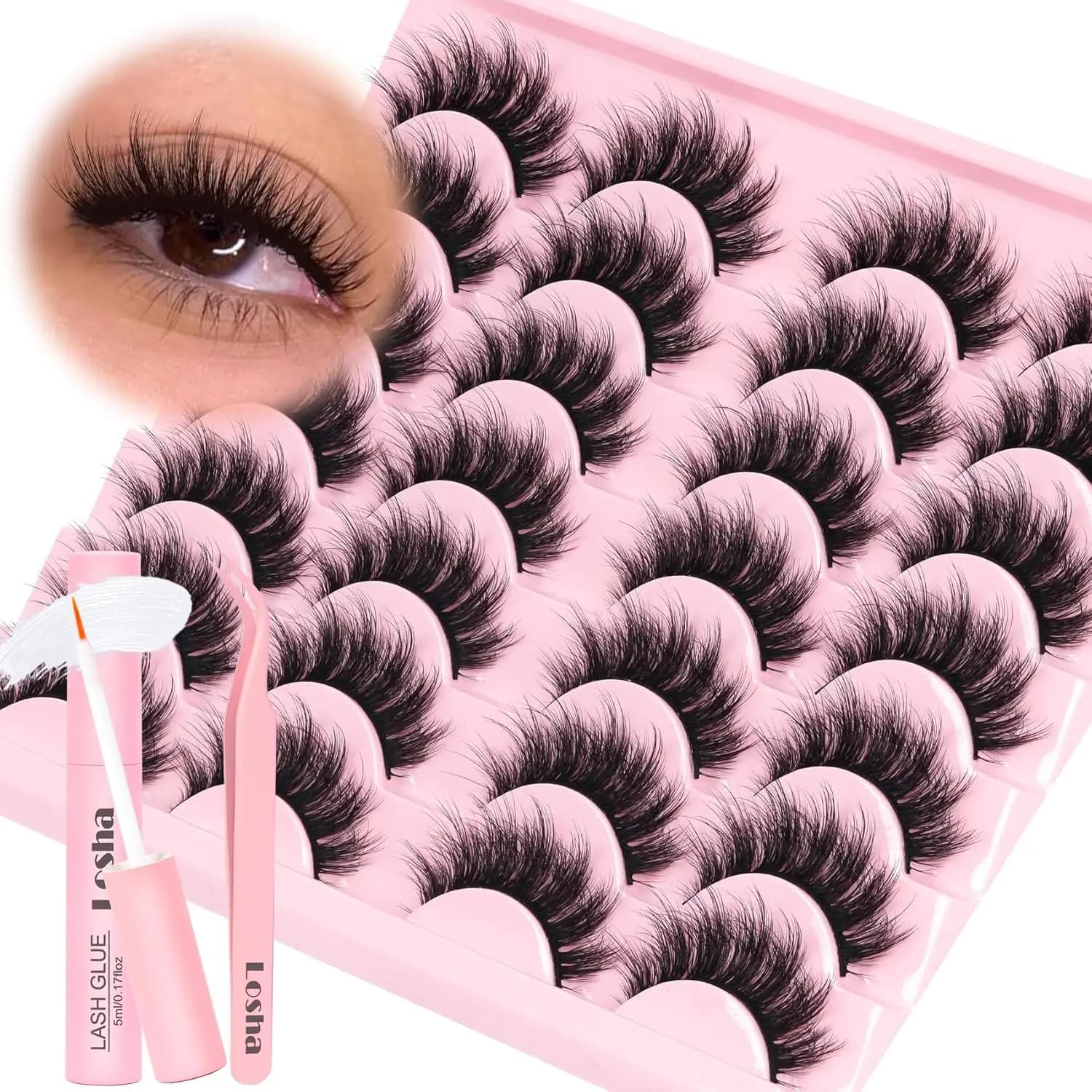 Kit di 14 Paia di Ciglia Finte 5D Voluminose con Colla e Pinzette, Vegane e Riutilizzabili