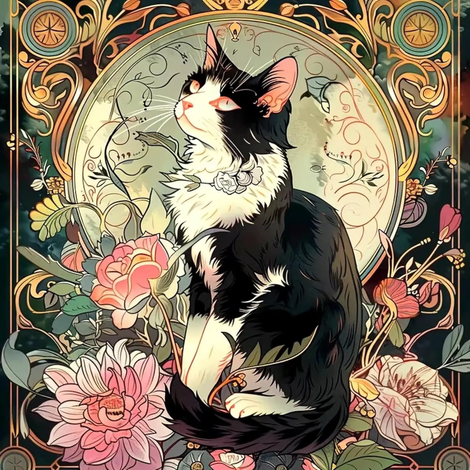 Kit di pittura diamantata 5D con gatto calico e fiori per adulti, kit di pittura diamantata per principianti, fai da te per adulti, completo.