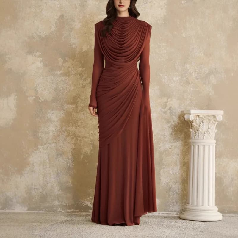 Abito Lungo Elegante da Donna con Scollo Drappeggiato, Maniche Lunghe, Vita Stretta e Pieghe, Vestito Aderente 2026, Abito Chic da Sera per Cena