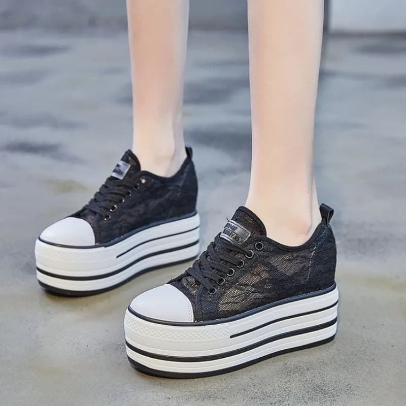 2026 New 9cm Women Summer air mesh Fashion Ins White black Genuine Leather Chunky Sneaker Hollow Breathable Platform Wedge Shoes
