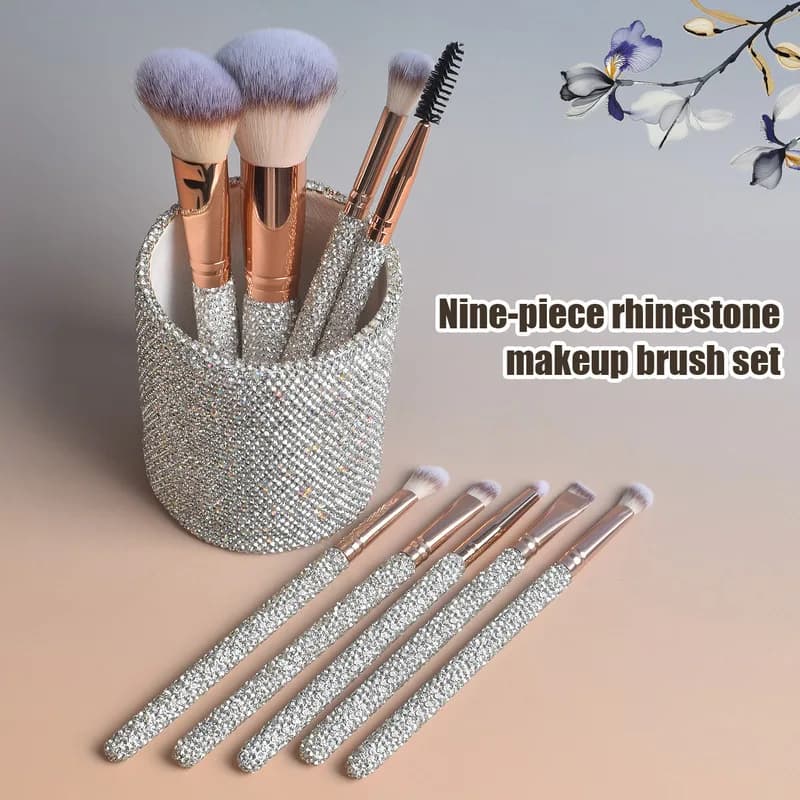 9 brushes for make-up completely studded with diamonds, free powder brushes, contour brushes and umbrella brushes for portable storage
