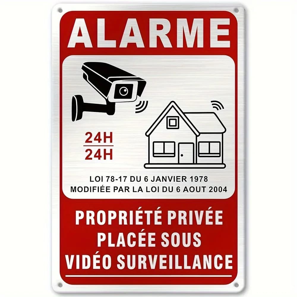 Cartello di Sicurezza Vintage Francese in Metallo - Avviso di Videosorveglianza 24/7 con Design Telecamera, Montaggio a Parete, Rosso e Bianco, per Casa/Ufficio