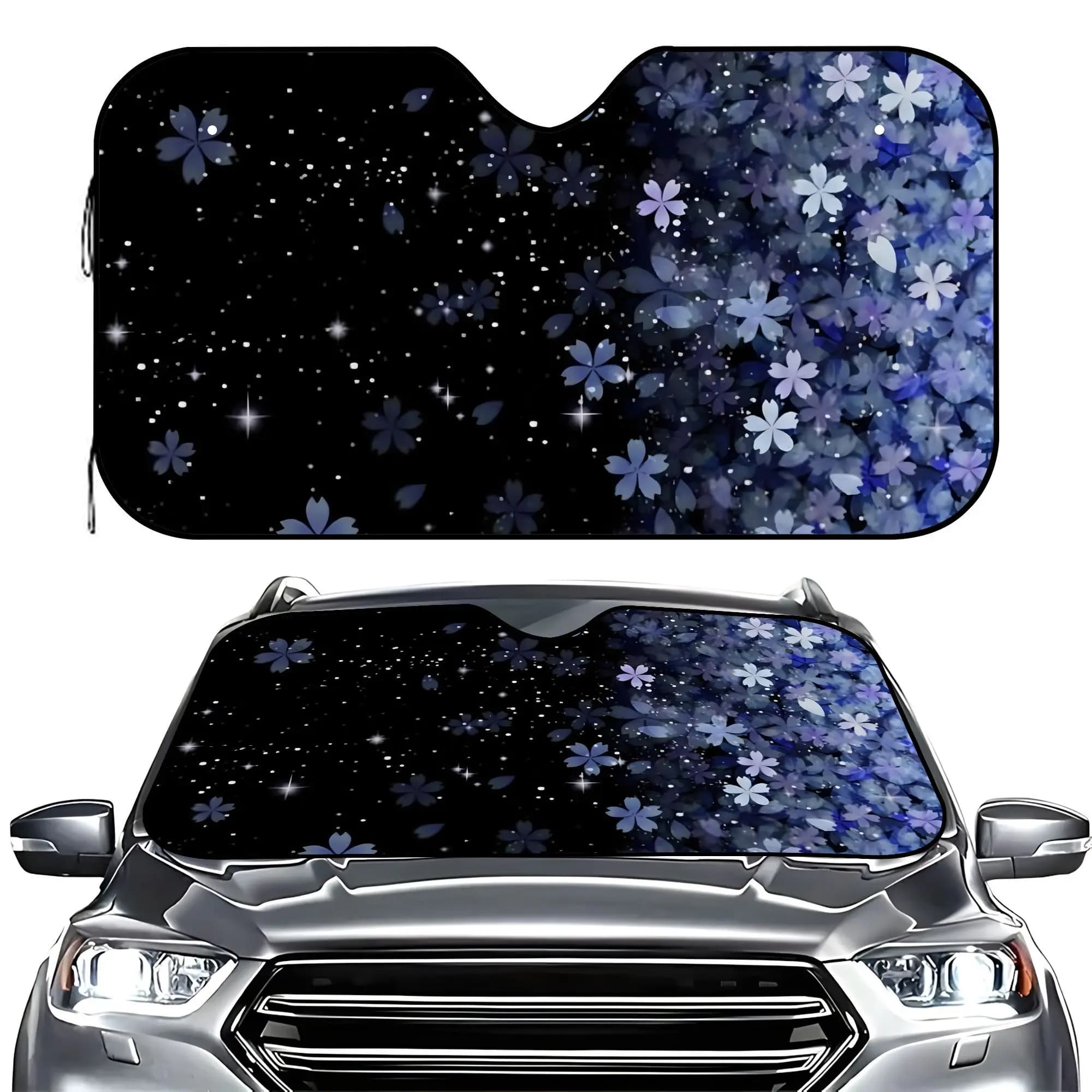 Parasole per Auto Premium con Motivo Ciliegio Blu e Cielo Stellato, Protezione Universale Anti-UV e Anti-Graffio per Parabrezza con Effetto Rinfrescante