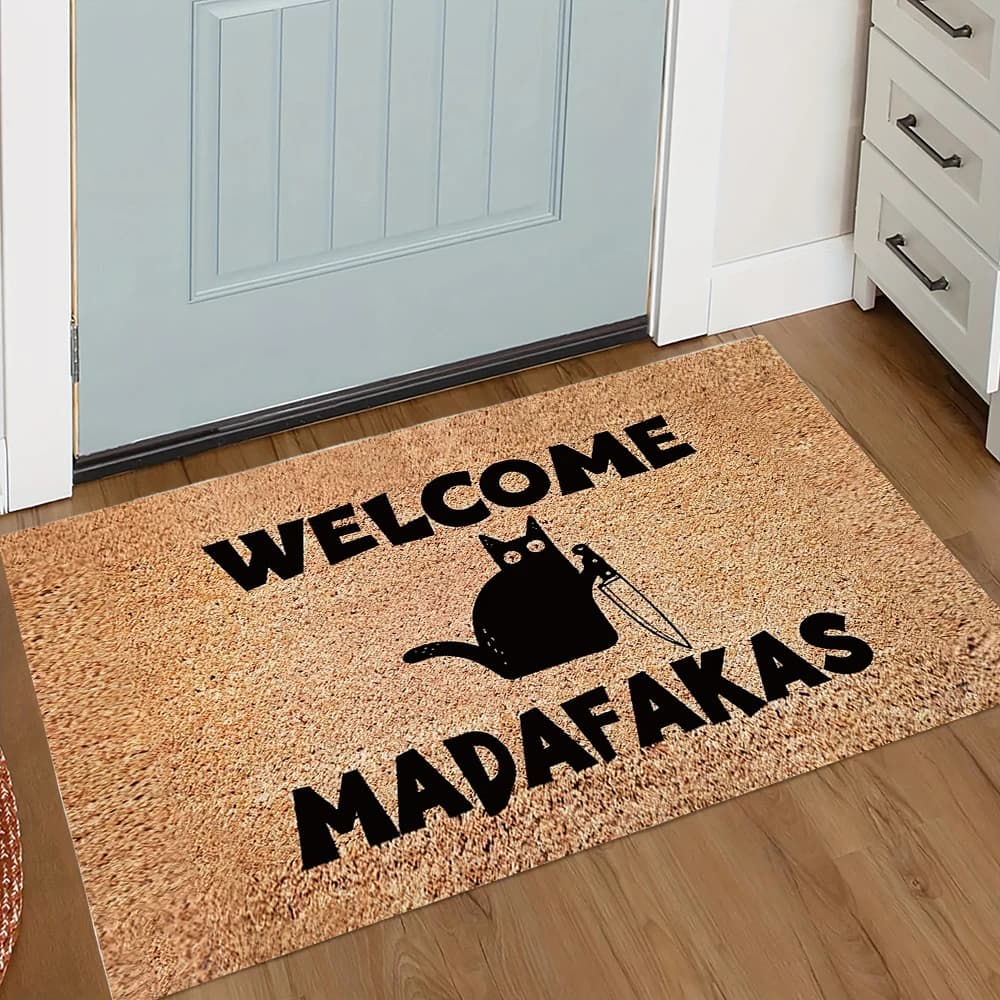 Tappeto Zerbino con Gatto e Coltello 'WELCOME MADAFAKAS' - Design Divertente e Sarcasmico, Antiscivolo, Decorazione per Ingresso di Casa e Appartamento, Regalo Umoristico