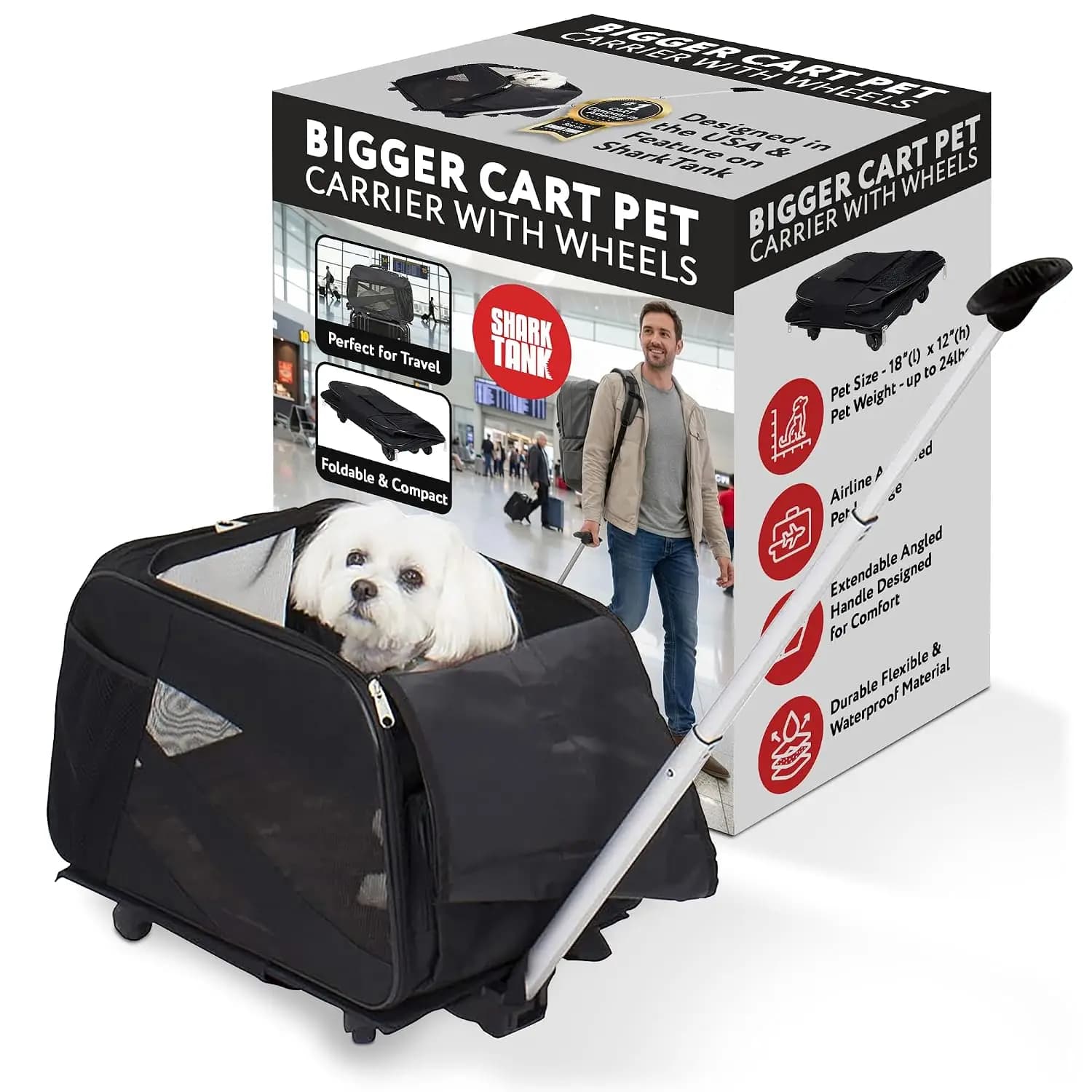 Rolling Pet Carrier with Wheels Airline Approved - TSA Dog Cat Carrier for Airplane Travel - Wheeled Pet Carrier 18x12x20 for Pets up to 24lbs - Collapsible Travel Bag