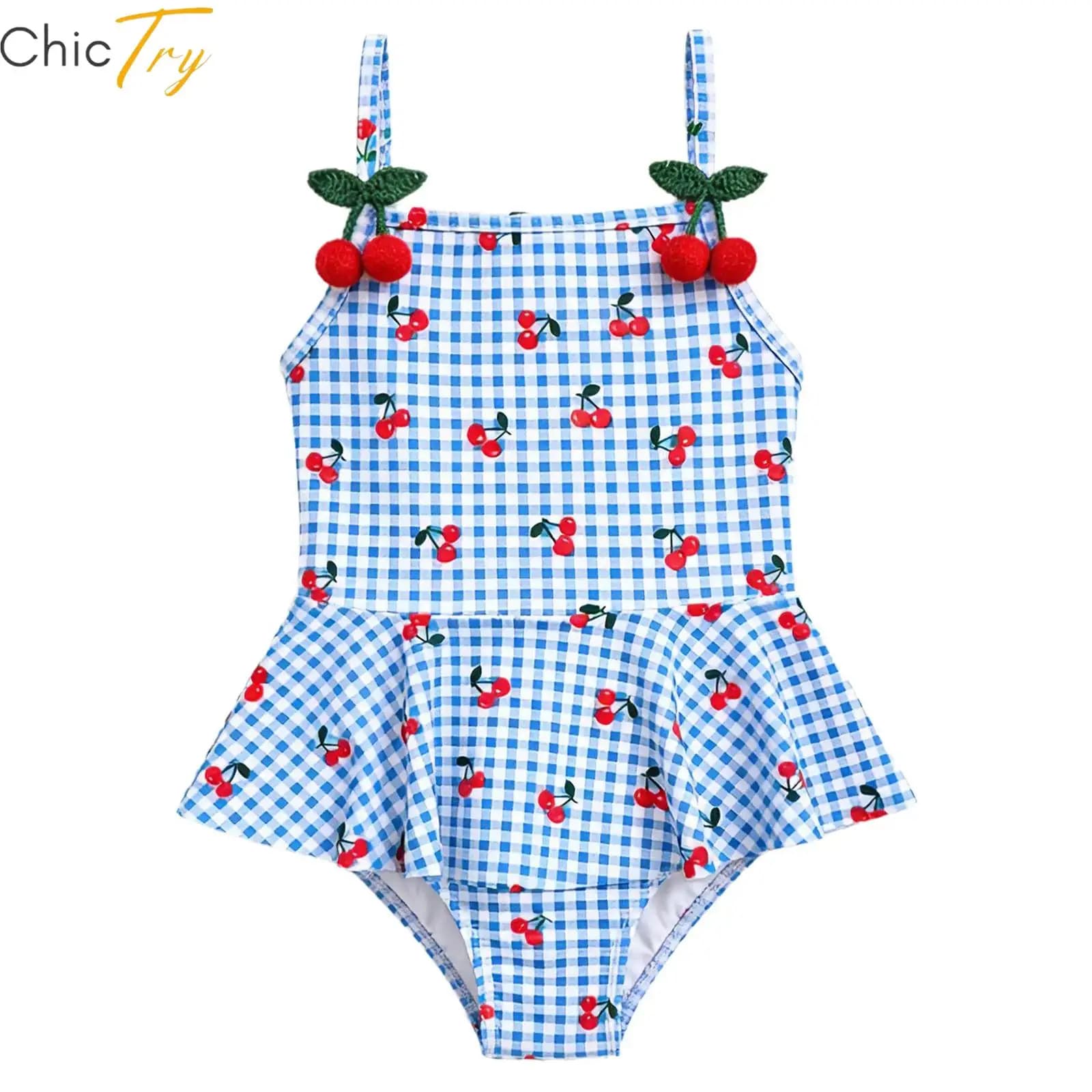 Costume da bagno intero da ragazza senza maniche con spalline sottili, fantasia scozzese e gonna, con ciliegie 3D, per divertimento in piscina