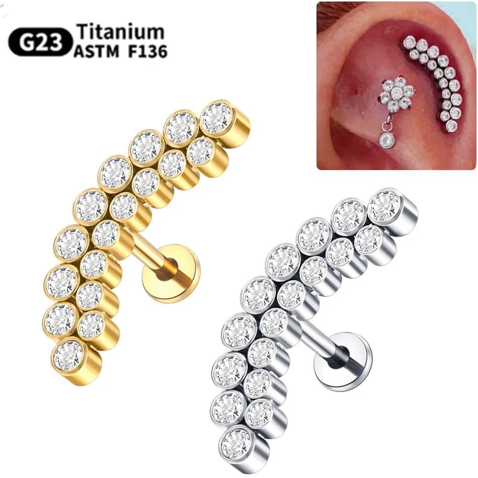 PVD Titanium PIERC Labret Stud Double CZ paved Ear cartilage Tragus Helix lip ring earrings Daith Piercing gift for women