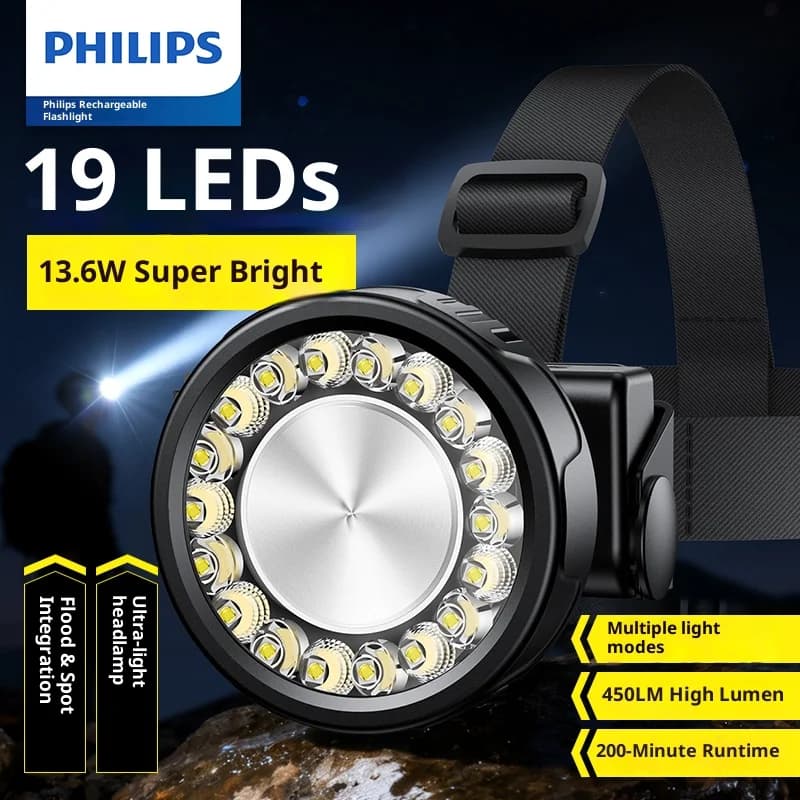 Philips LED Lighting 19 Beads Lamp 450LM Headlight Type-C Rechargeable light Outdoor camping fishing lantern