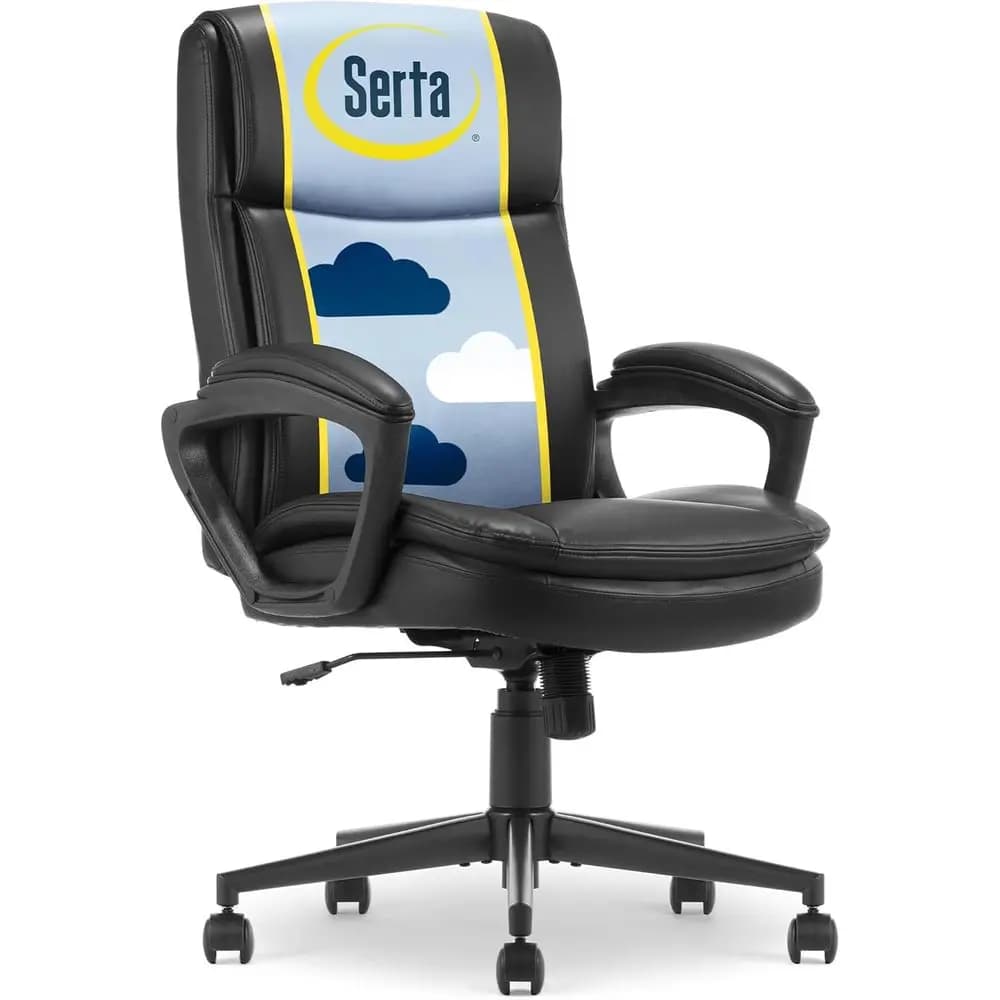 Sedia da ufficio ergonomica con supporto lombare, cuscino del sedile in peluche, braccioli imbottiti, base girevole, pelle nera