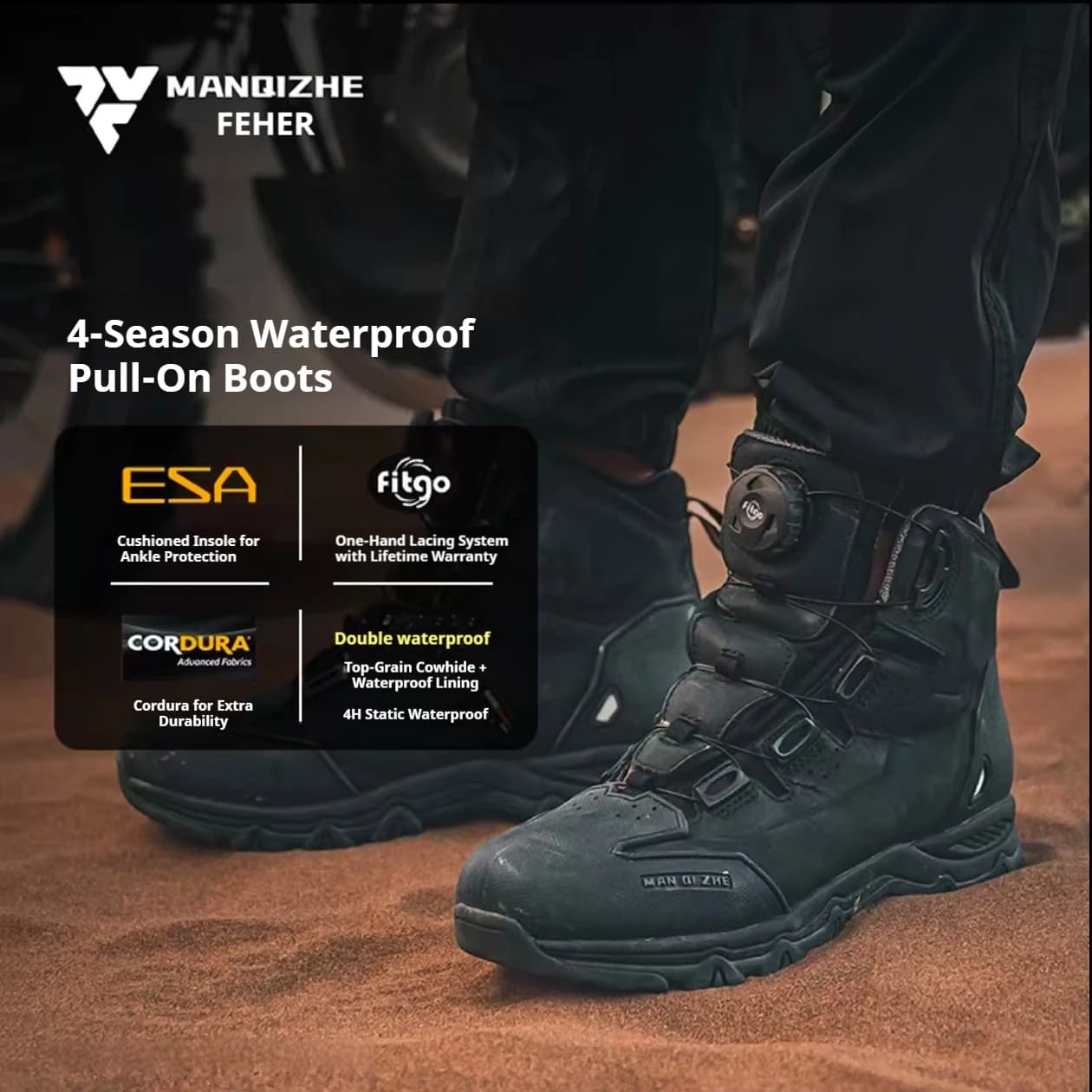 Stivali da Moto FEHER Serie MQZ Impermeabili Protezione Piedi Livello CE 2 Scarpe da Escursionismo per Tutte le Stagioni per Motociclisti e Alpinisti