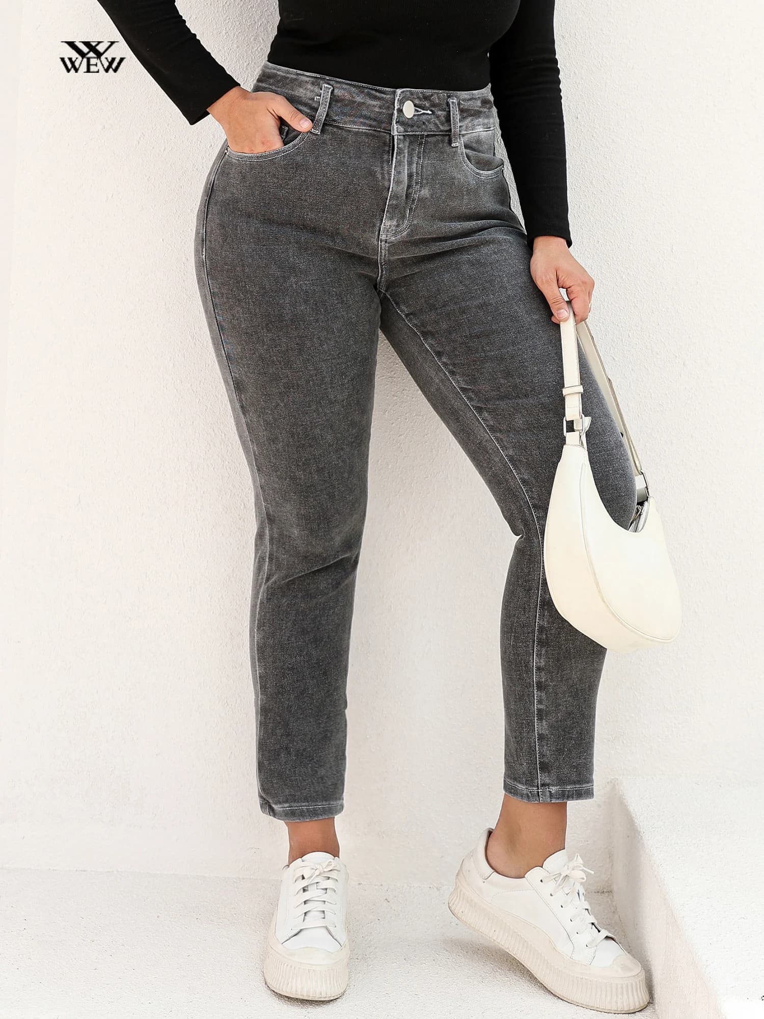 Jeans grigi taglie forti per donna Jeans elasticizzati a vita alta Harem Jeans Denim lavaggio integrale Jeans Curvy aderenti 100 kg