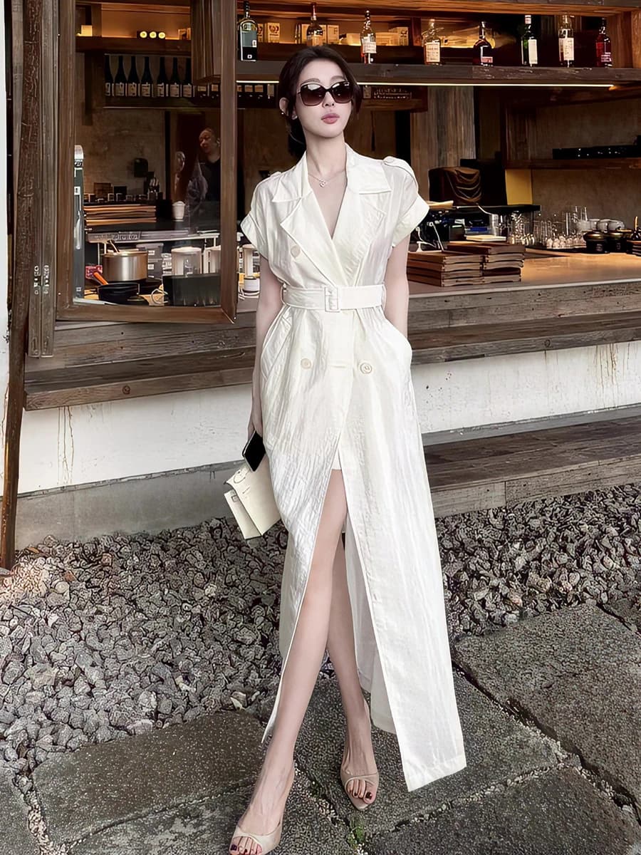 British Style Windbreaker Dress Set Women's Summer 2026 Double Buttoned Waist Cinched Long Skirt Shorts Two Piece Set