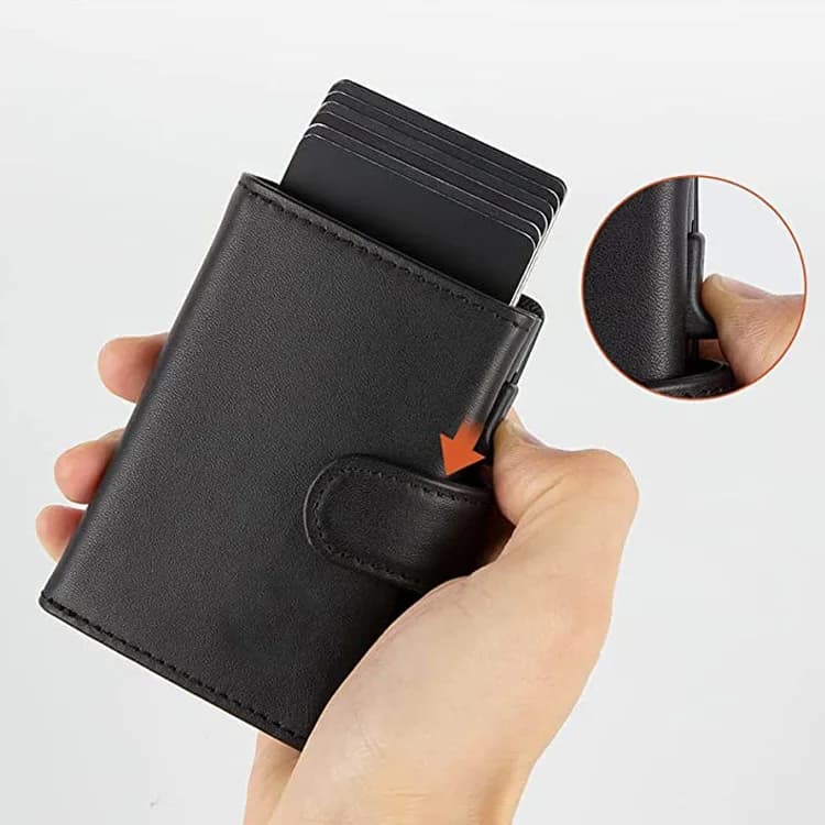 Scatola in alluminio con spinta laterale RFID, fermasoldi corto in vera pelle, portafoglio multifunzione con clip per carte pop-up automatica