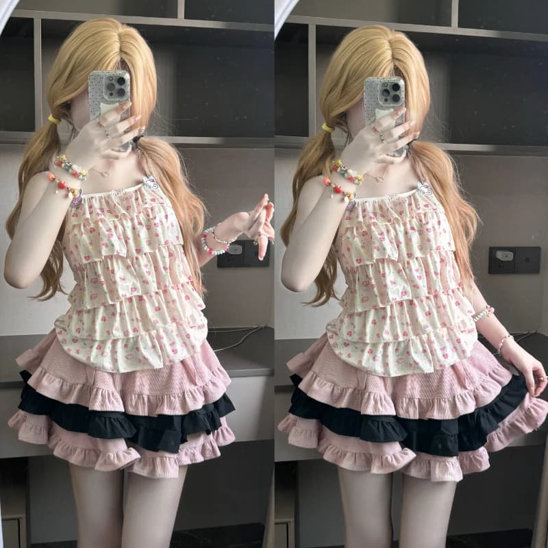 Stile giapponese Kawaii Lolita Set da 2 pezzi Sweet Women Cartoon Print canotta Harajuku Y2k minigonne abito moda coreana femminile