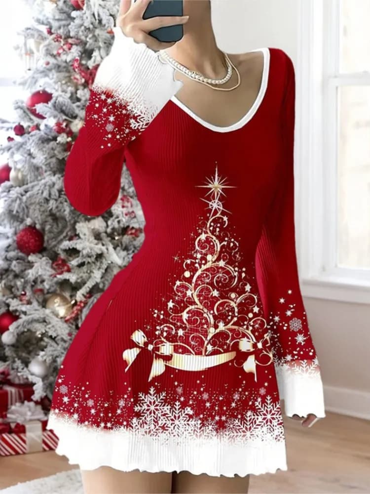 Abiti casual alla moda Nuovo autunno e inverno da donna con scollo a V stampa natalizia manica a campana Mini abito da donna Robe Femme