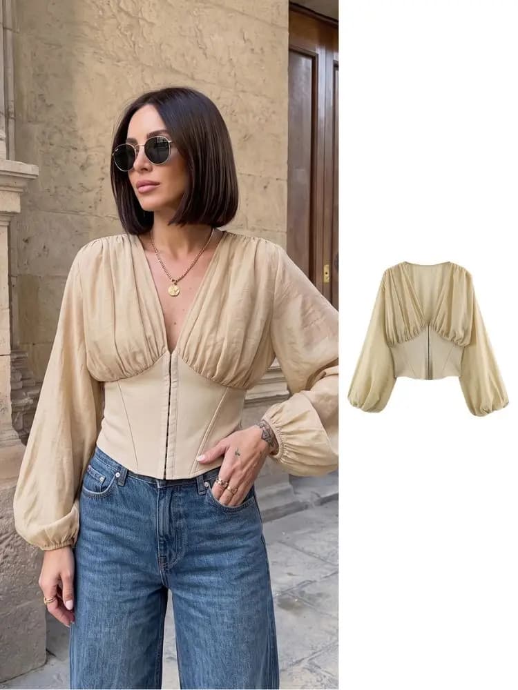 HH Summer Deep V Puff Lantern Sleeve Corset Crop Blouse Elegant Top for Date Wedding Guest Daily Street Party Outfit