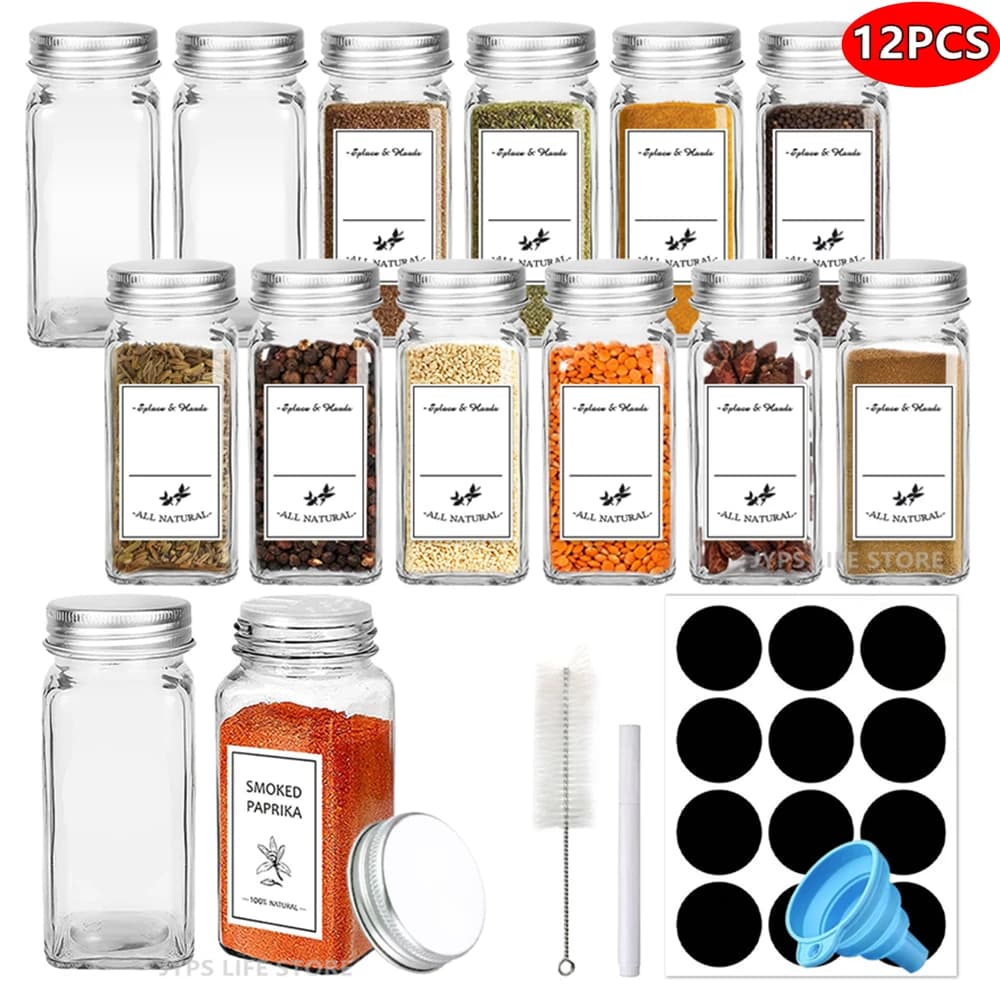 12Pcs Glass Spice Jars with Metal Lids Salt Pepper Shaker Spice Seasoning Containers Organizer Kitchen Jar Set 120ML