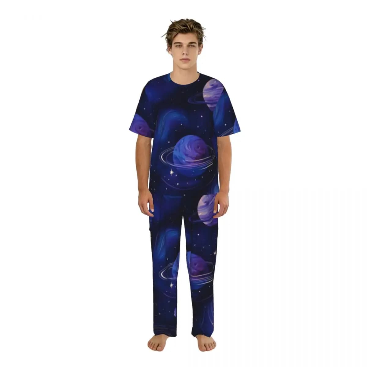 Pigiama da uomo estivo a maniche corte + pantaloni lunghi, abbigliamento da notte, abbigliamento per la casa, pigiama con stelle, pianeti e galassie che si avvolgono