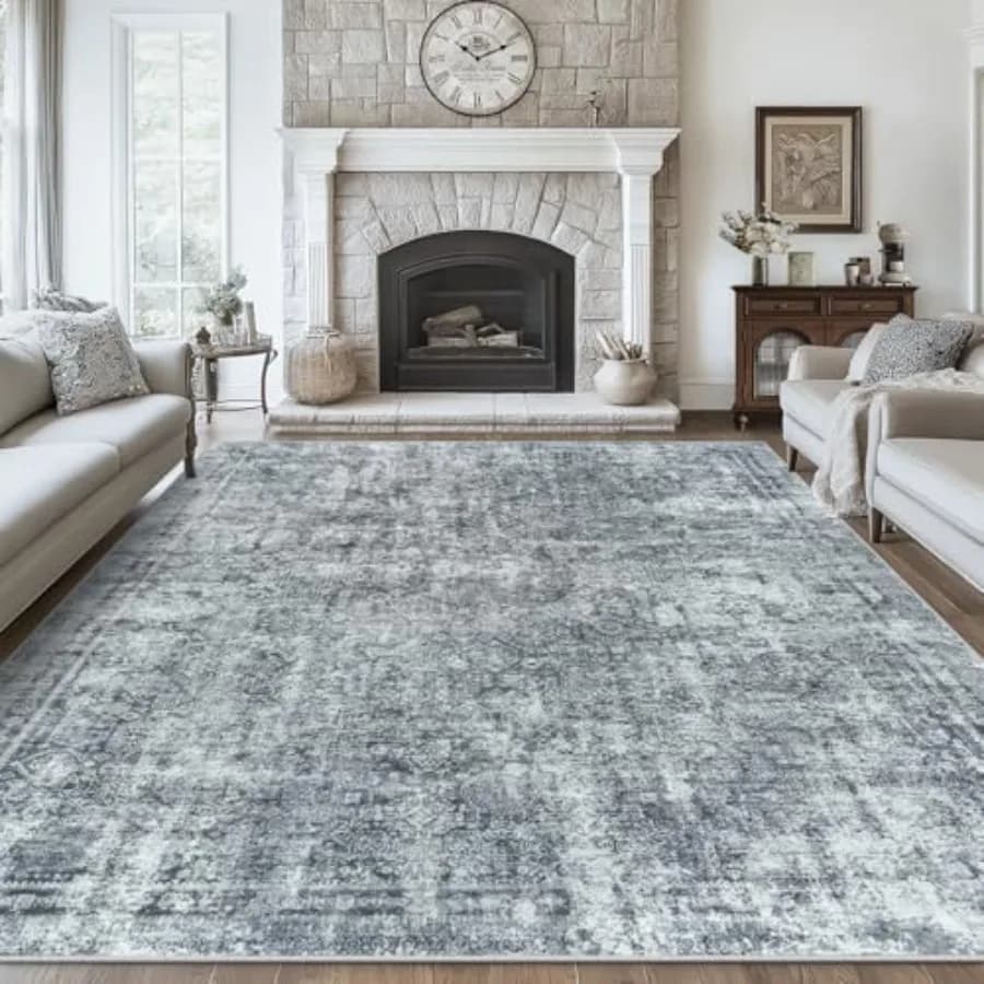 Tappeto per soggiorno: tappeto vintage astratto lavabile 10x14 in nero e grigio, morbido tappeto sottile antiscivolo, resistente alle macchie, per b