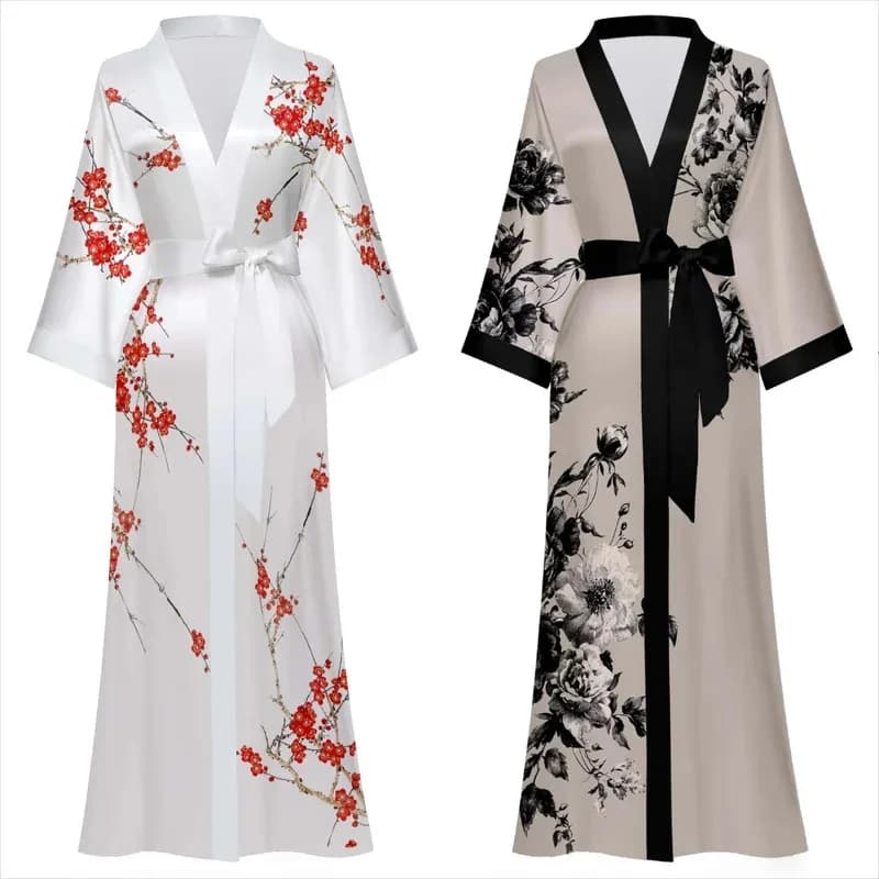 Plus Size Bathrobe Print Flower Kimono Silky Satin Summer Women Robe Bath Gown Intimate Sleepwear Nightgown Loungewear d'4o