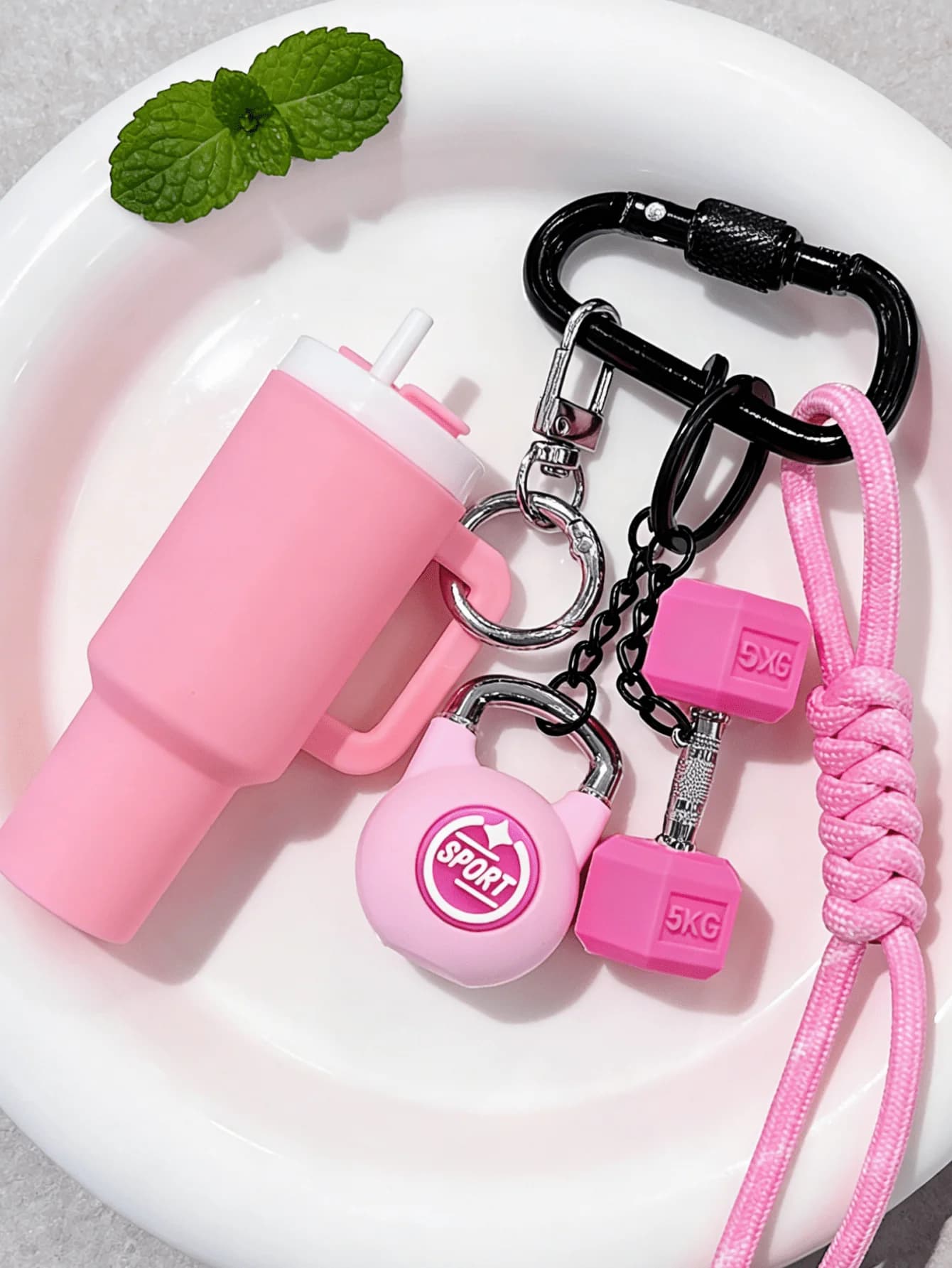 Pink Fitness Themed Keychain Set With Dumbbell Kettlebell Water Bottle Pendant Carabiner For Bag Wallet Decoration