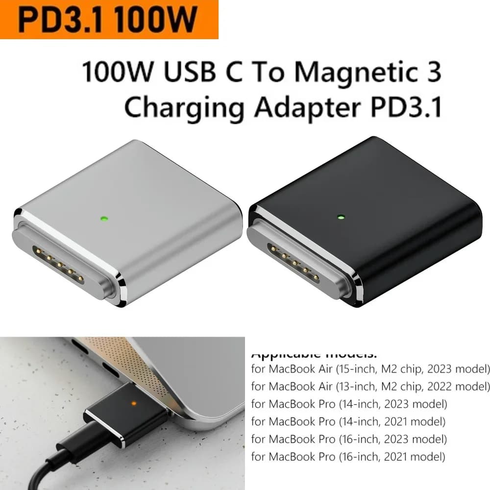 Cavo adattatore da USB-C femmina a MagSafe 3 maschio 100W 20V 5A per ricarica rapida PD3.1 USB-C per MacBook Air/Pro con indicatore LED