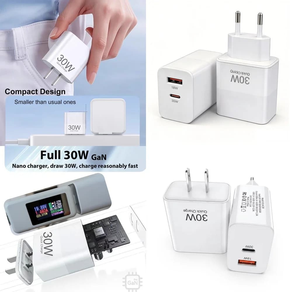 Safe 30W PD USB C Adapter Charging Brick Dual Port US EU Plug for iPhone 17 16 15 Pro Max Samsung Galaxy S26 S25 S24 Ultra