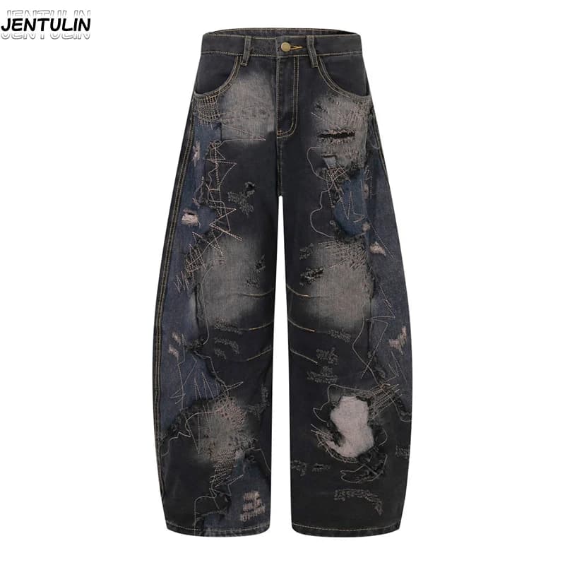 Aesthetic Waste Soil Destruction Washed Denim Jeans High Street Splicing Denim Ten Thousand Needle Embroidery Wide Leg Pants Y2k