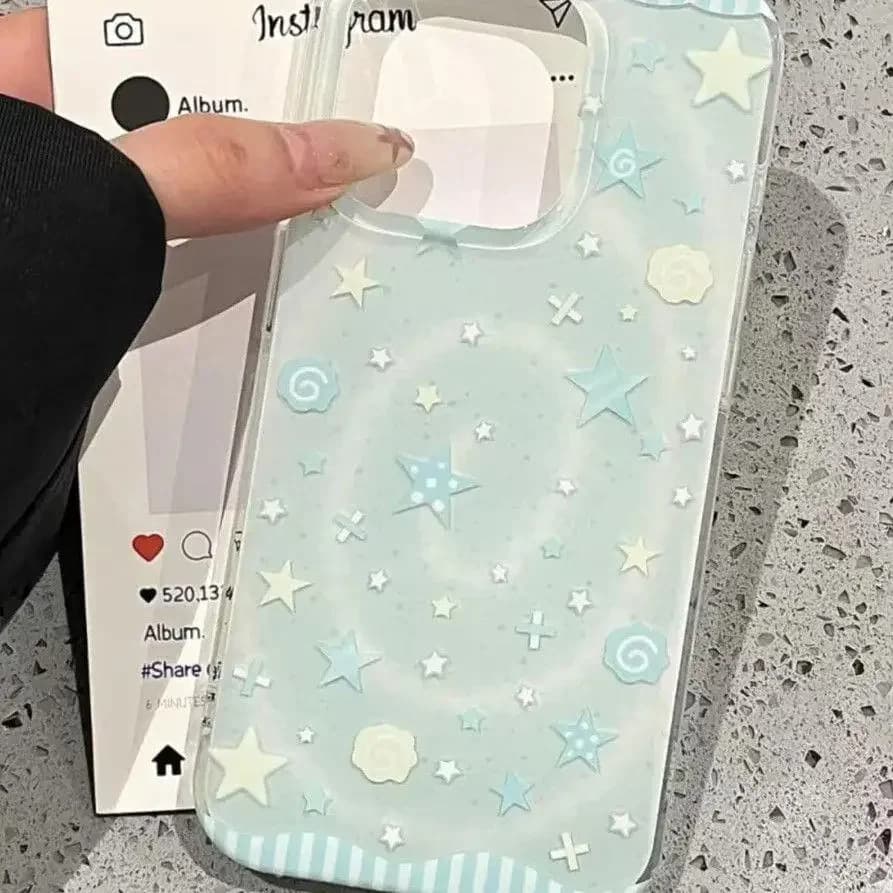 Creative Korean INS Star Fish Plate Blue Green Fresh Cartoon Cute Phone Case For iPhone 16 15 14 13 12 11 Pro Max Plus Y2K Cover