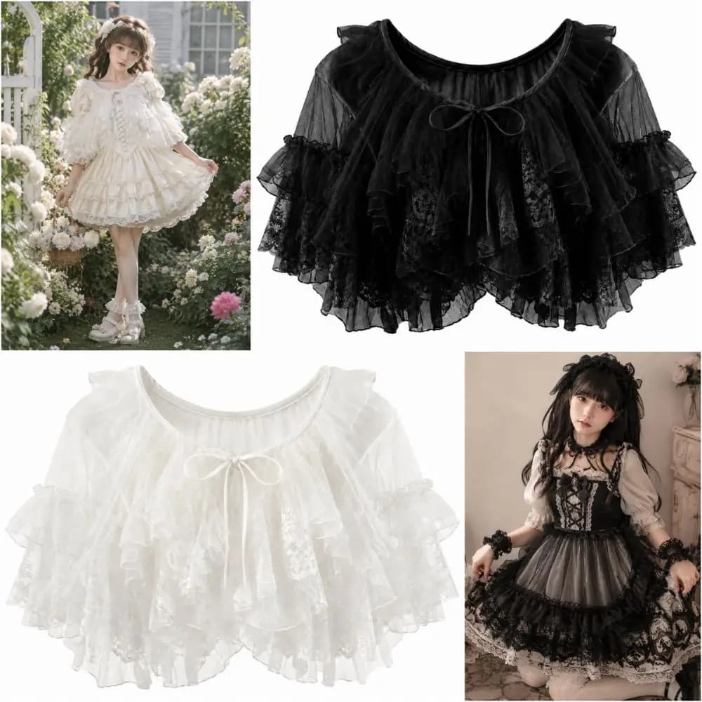 Versatile Mantella Corta Lolita Bianca e Nera in Pizzo e Rete Trasparente, Cardigan Aperto sul Davanti con Volant, Gonna in Rete Ace per Donne