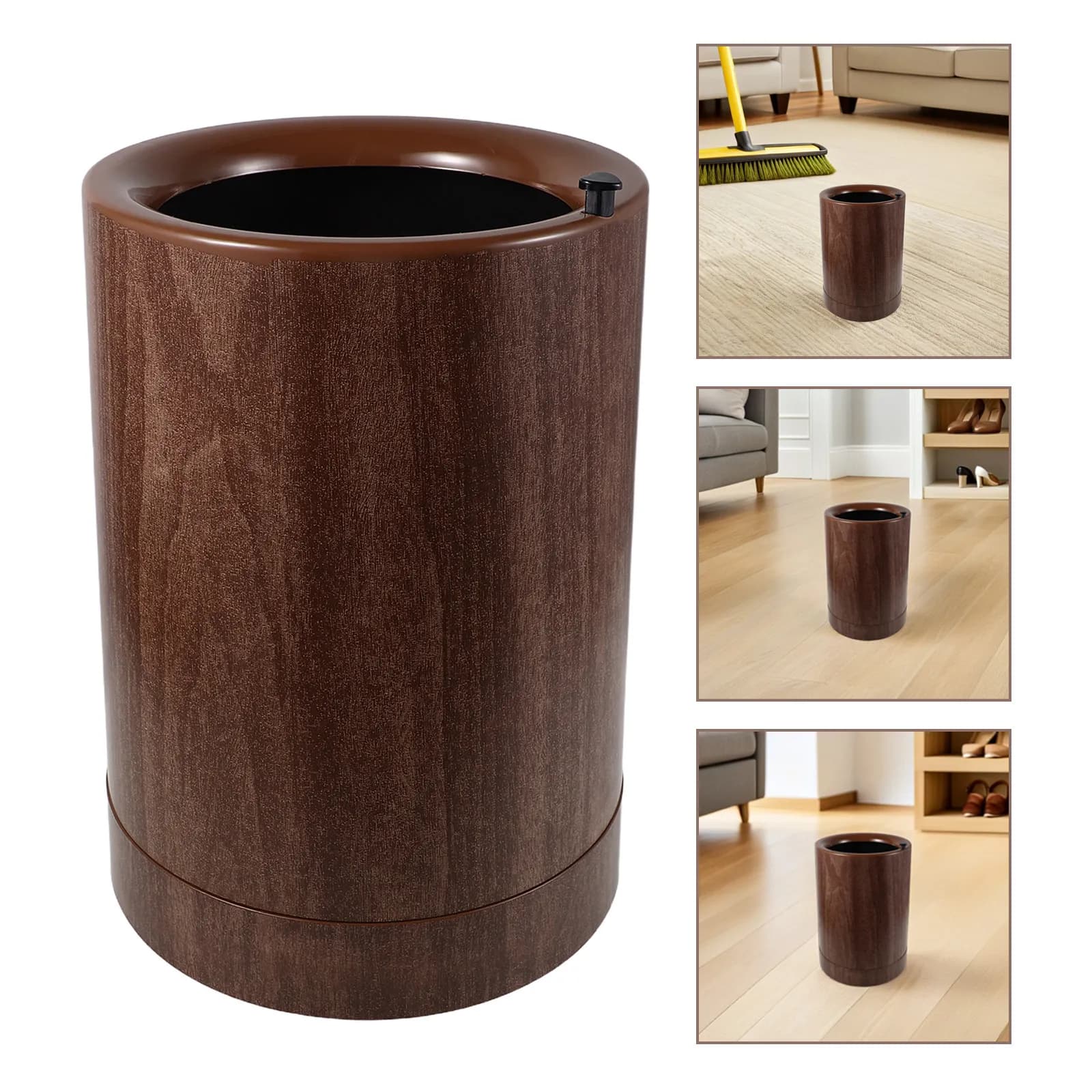 Wood Grain Plastic Trash Can 9L Inner Bucket Lidless Design Rolling Garbage Bin Kitchen Bedroom Office Waste Bin