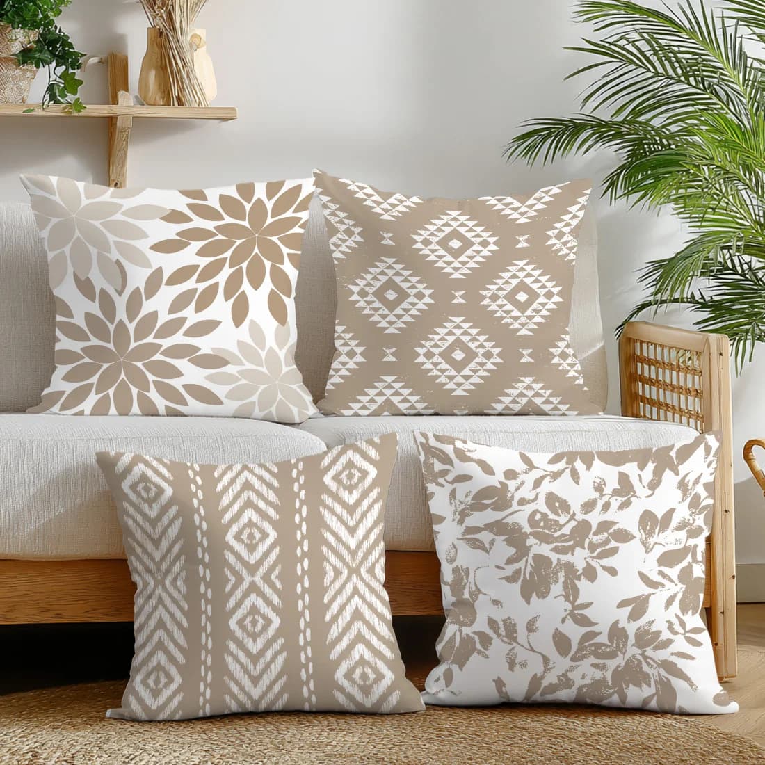 Beige Boho Geometric Cushion Covers Double-Sided Pillowcases Set of 4 Decorative Pillow Cases for Sofa Living Room Bed
