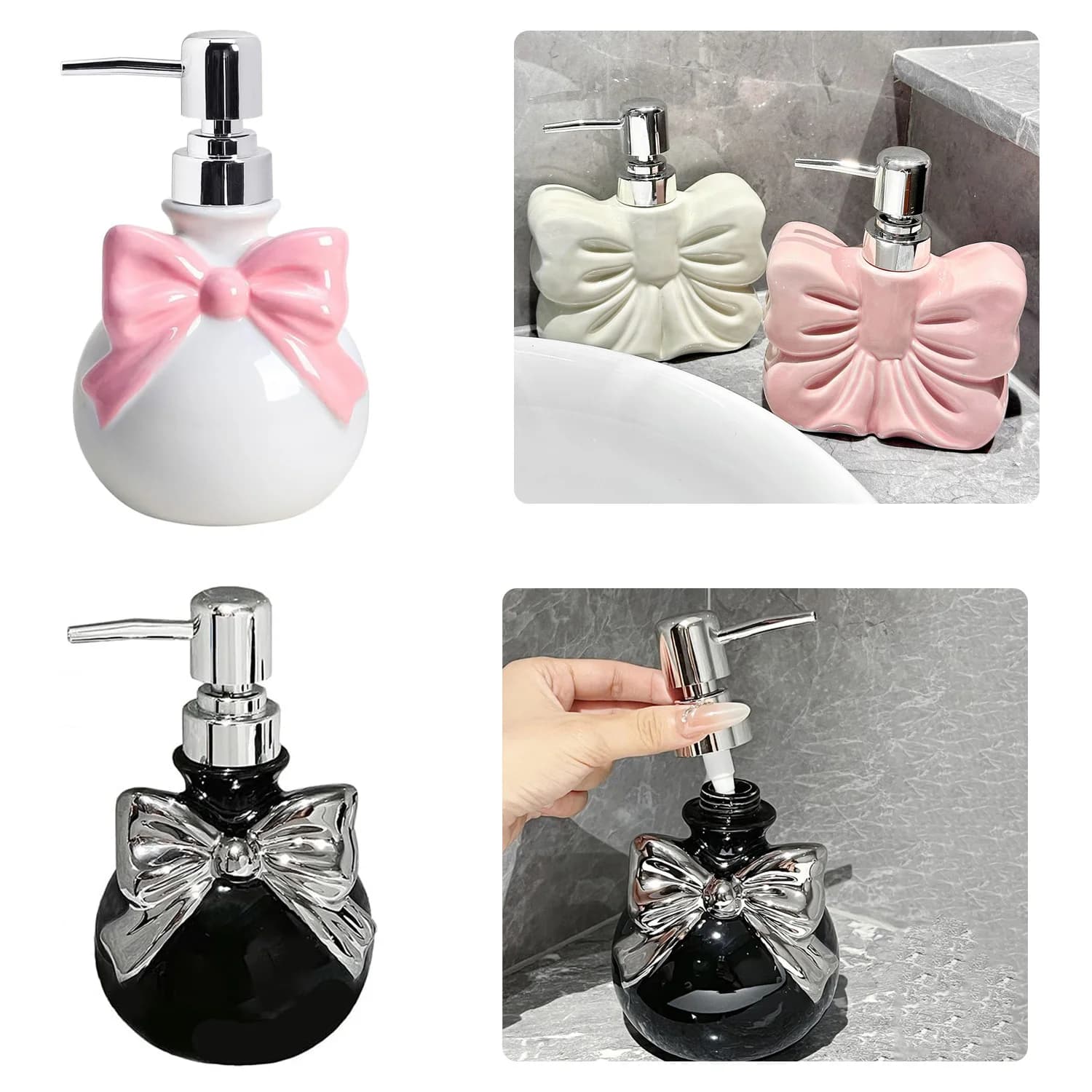 Simpatico dispenser di sapone a forma di fiocco per bagno, disinfettante per le mani per doccia, dispenser di sapone in ceramica per lozione/bottiglia con pompa per shampoo