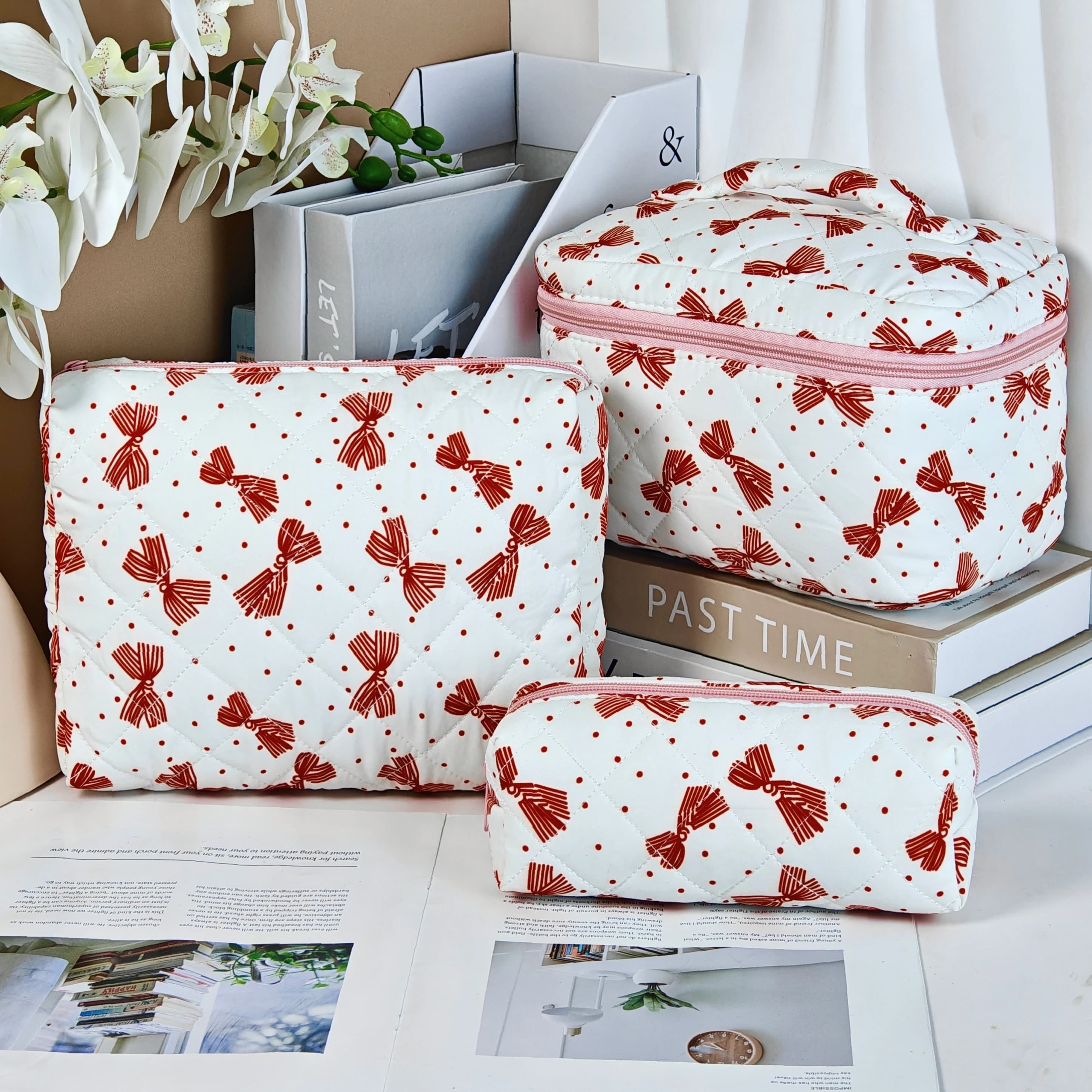 Adorabile borsa per cosmetici da donna con fiocco in cotone, stile tote, portatile, adatta per le donne, deposito cosmetico, borsa da viaggio