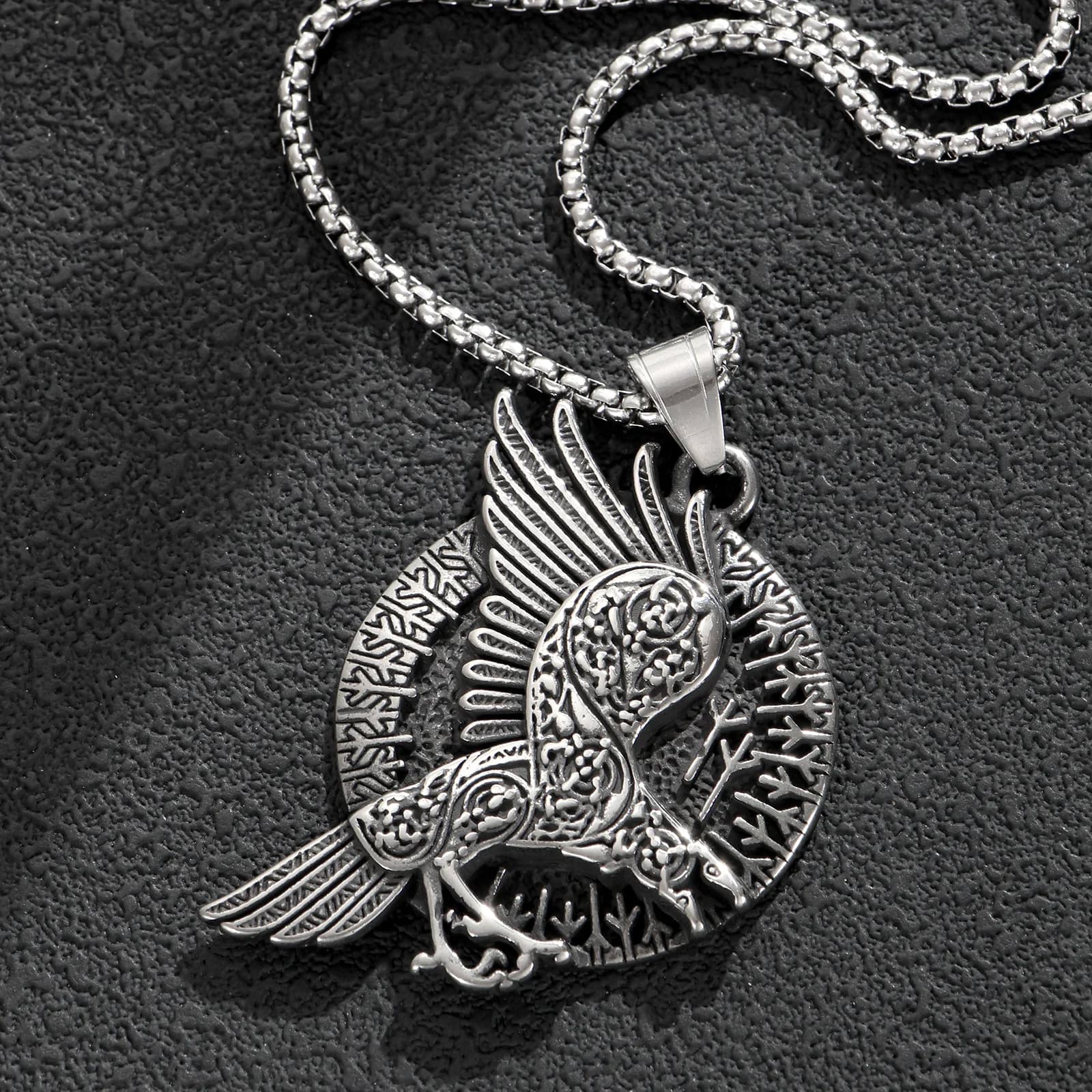 LNCHRAN Vintage Stainless Steel Embossed Raven Rune Round Pendant Box Chain Men Viking Jewelry Norse Mythology Necklaces Gi