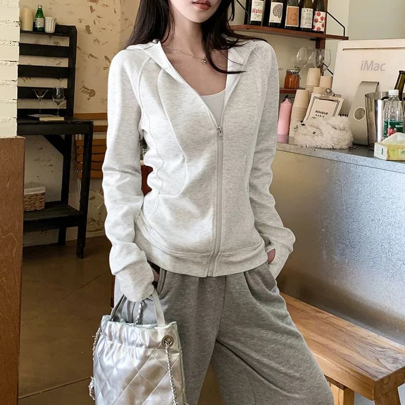 2026 Autumn New Hooded Sports Jacket Women Korean Slim Zipper Long Sleeved Sweatshirts Woman Solid Color Pocket Cardigan Hoodies