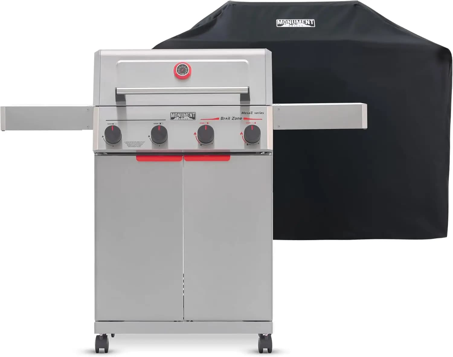 Stainless Steel Propane Gas Grill with 4 Burners, Reaches 500°F in 5 Minutes, 525 sq.in Cooking Area, 37,000 BTU, Broil Zone, Foldable Side Shelves, Knob Controls, Built-In Thermometer, Includes Grill Cover