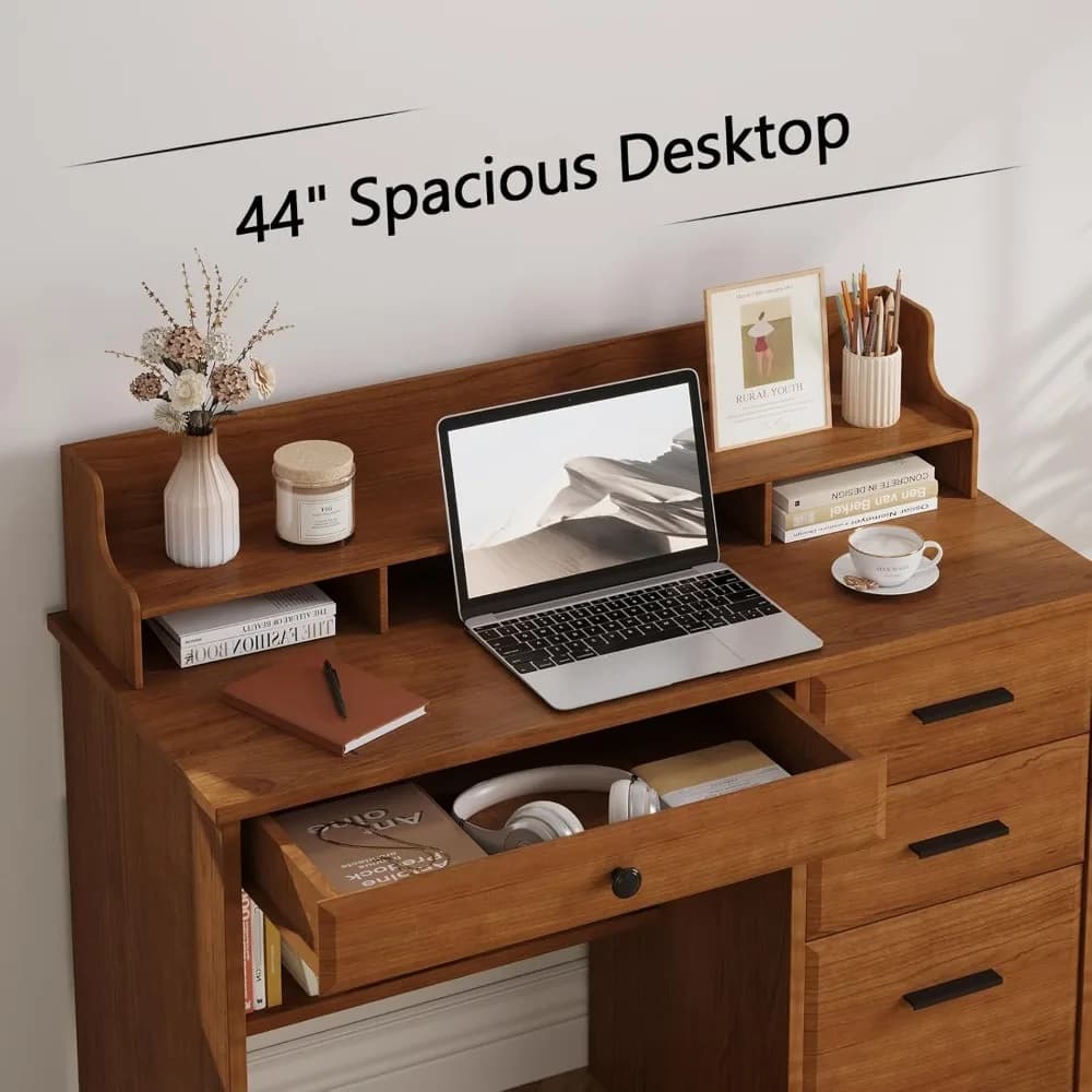 Scrivania per computer con cassetti per piccoli spazi, scrivanie per ufficio domestico con supporto per monitor e schedario, scrivania in legno