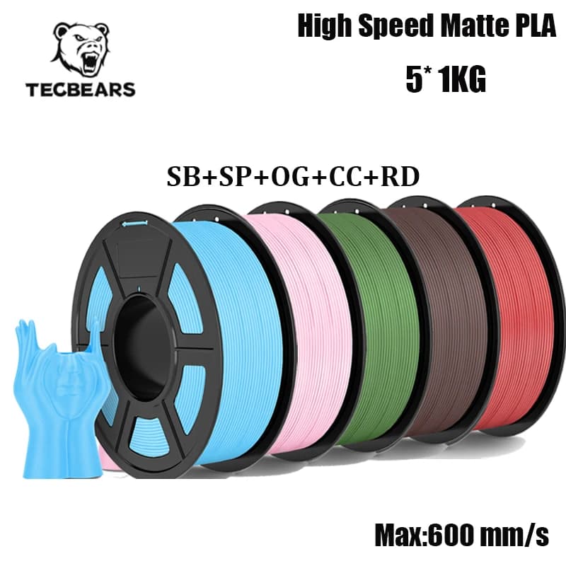 TECBEARS 3D Printer Filing PLA high speed matte from 5 kg/5 rolls Opaque filament set from 1.75 mm High tenacity matte for 3D filament