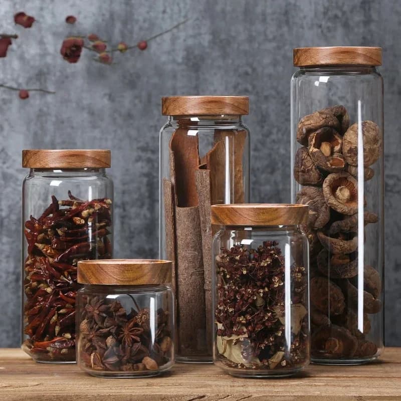 Set di 1 Contenitore in Vetro con Coperchio in Legno, Barattolo Ermetico per Cucina, Dispenser per Alimenti, Cereali e Zenzero