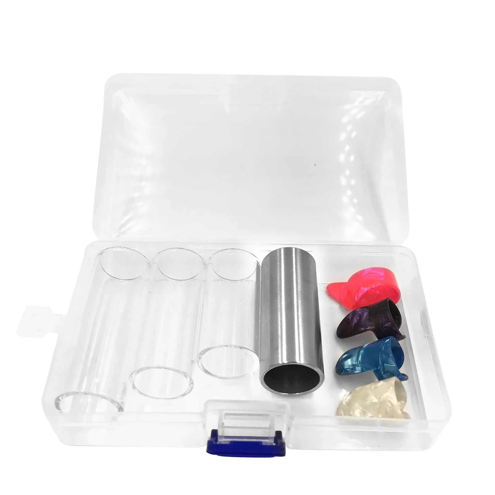 8 pz/lotto Set di diapositive per chitarra comprese 1X cursori per chitarra in vetro 3X in acciaio inossidabile e 4X plettri per chitarra per accessori per chitarra Ukulele