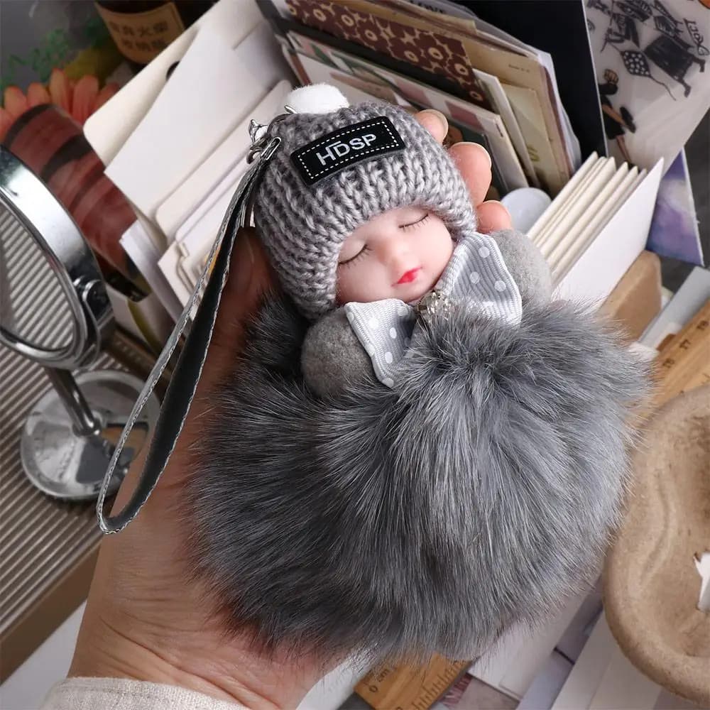 Keyring with car-shaped pendant, cute ball pendant, keyring with pompon, keyring shaped as a sleeping child, soft and soft