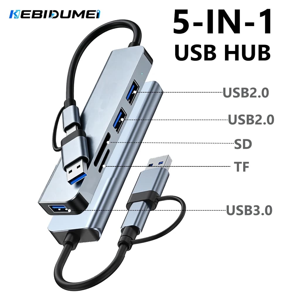 KEBIDUMEI 5 in 1 HUB USB 3.0 Docking Station With Card Reader 5Gbps High Speed Splitter Adapter Conmputer Accessories For Laptop