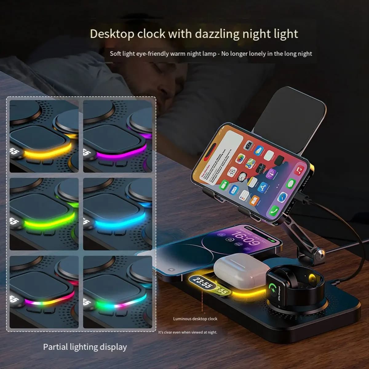 A26Z 6-in-1 Wireless Charger Station Desktop Tablet Holder LED Light Clock Type C Port for 17-12 ,A
