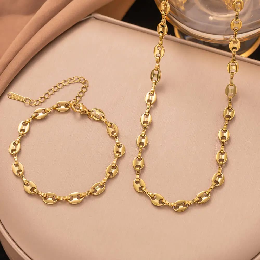 Pig Nose Coffee Bean Chain 2Pcs Jewelry Set Titanium Steel Necklace Bracelet Waterproof Gold Minimalist Women Link Jewelry