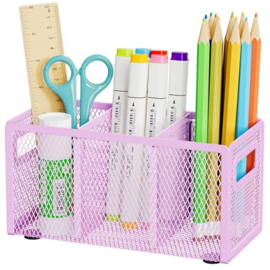 Mesh Pen Holder for Desk, Pencil Holder Desk Organizer 3 Adjustable Compartments, Pencil Cup with Handle Perfect for Classroom,