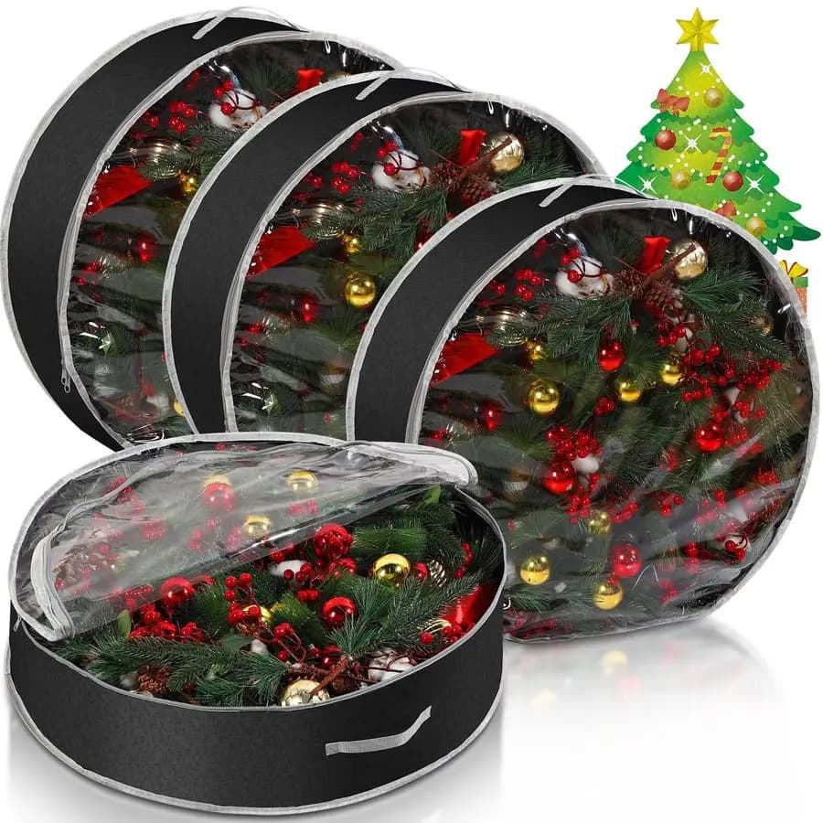 Set of 4 Containers for Garlands, Christmas Ornament Storage Bags with Handle and Hinge, Decorative Boxes for Conservation
