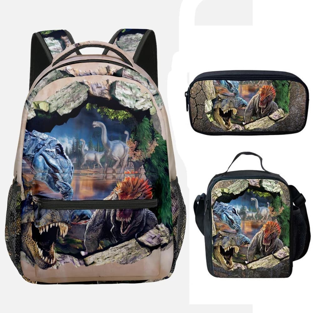 Trendy youth Jurassic World Dinosaur 3D Print 3 pz/set borse da scuola per studenti zaino per Laptop zaino per il pranzo astuccio per matite