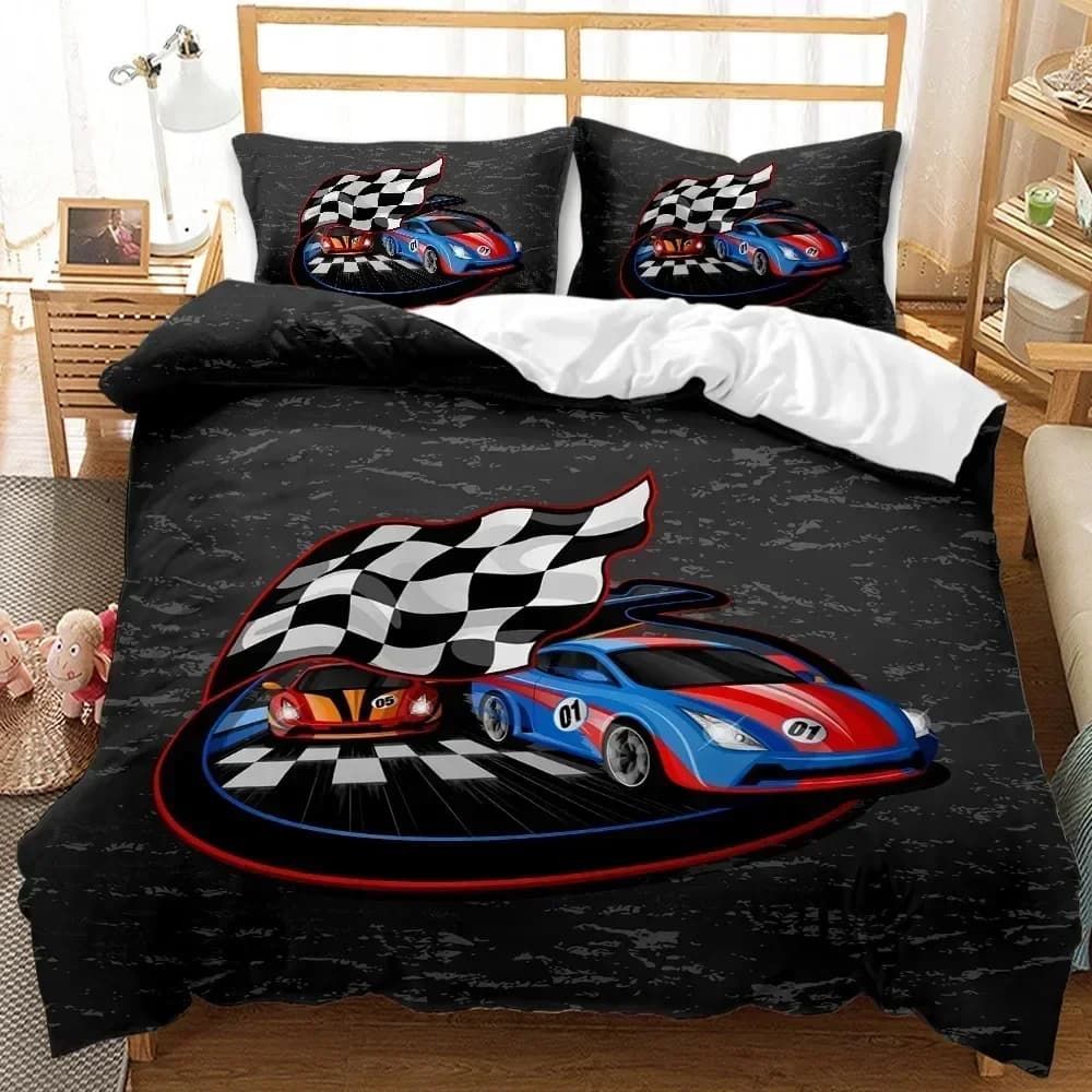 Set di biancheria da letto sportiva con auto da corsa, auto da competizione, sport estremi, auto fantastiche, per ragazzi e ragazze, copripiumino e federa, misure Twin e Queen, per bambini e adulti