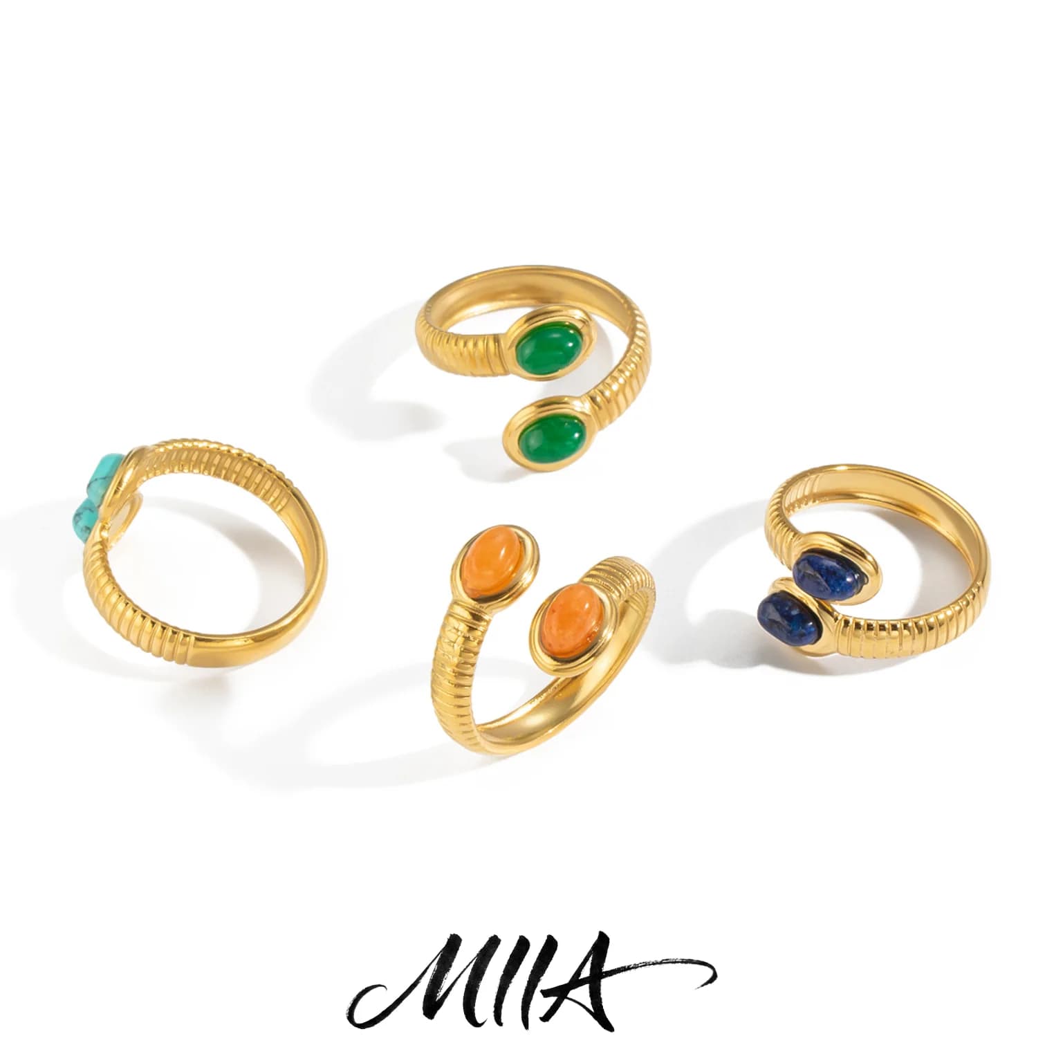 Miia Stainless Steel Metal Vintage Natural Stone Open Adjustable Ring for Women 18K Gold Plated Jewelry Gifts